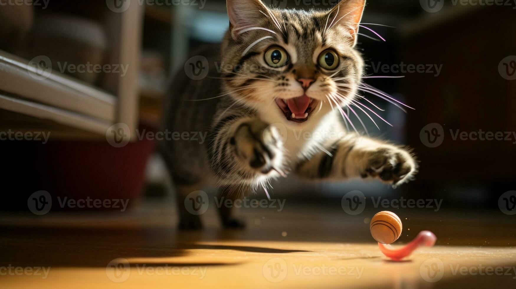 ai generato foto di un' gatto batting a un' giocattolo topo nel un' giocoso. generativo ai