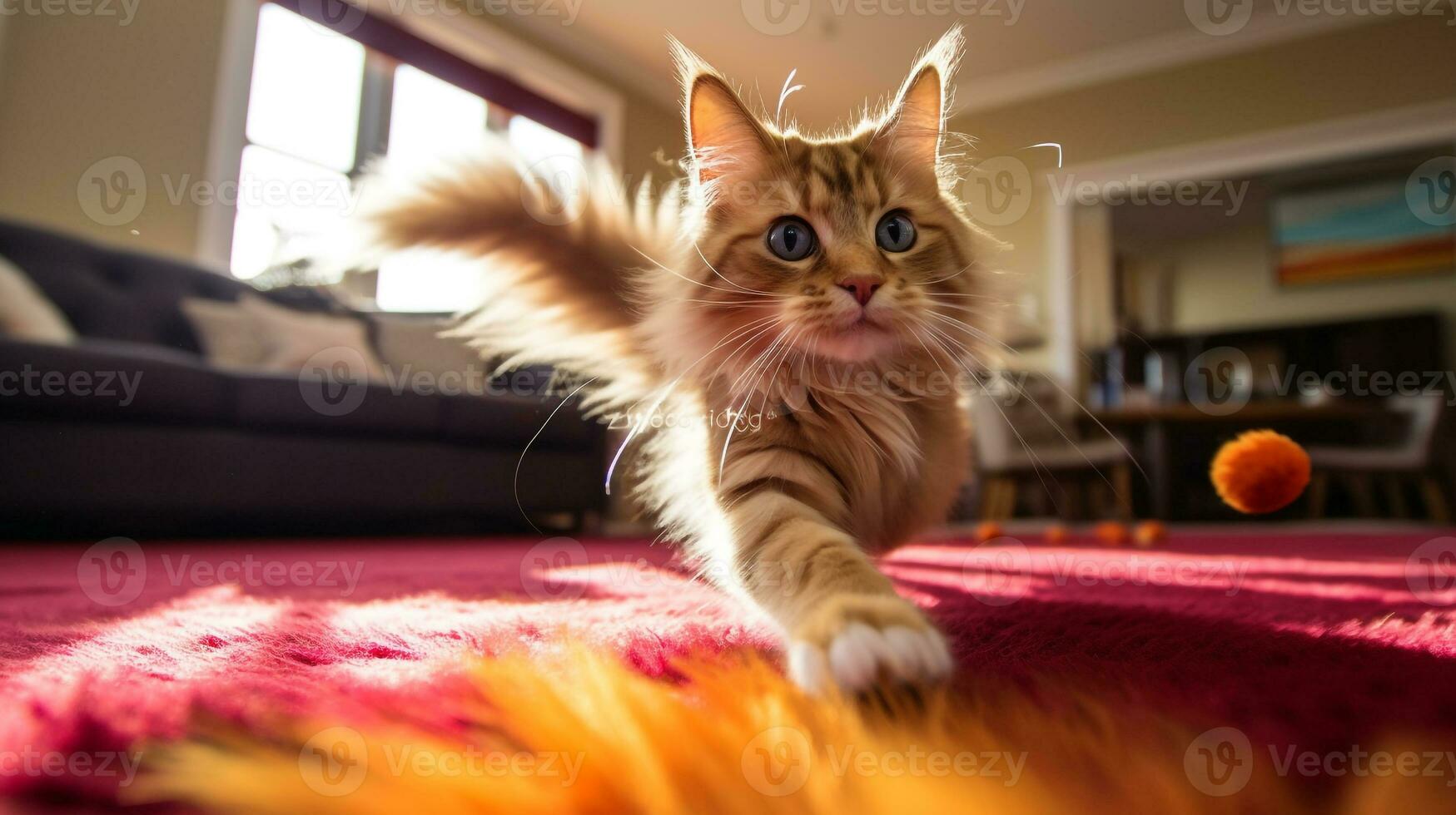 ai generato foto di un' giocoso gatto chasing un' piuma giocattolo. generativo ai