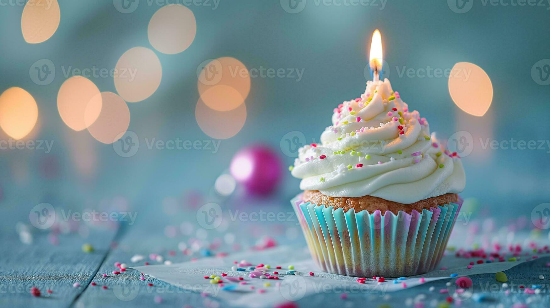 ai generato compleanno Cupcake con candela su blu pastello sfondo foto