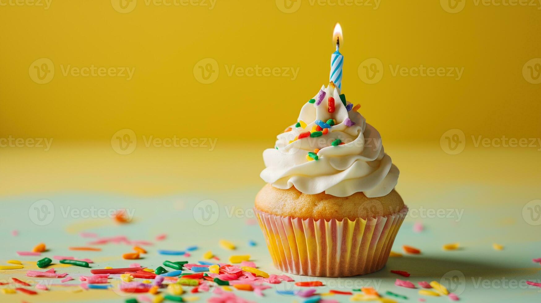 ai generato compleanno Cupcake con candela su giallo pastello sfondo foto