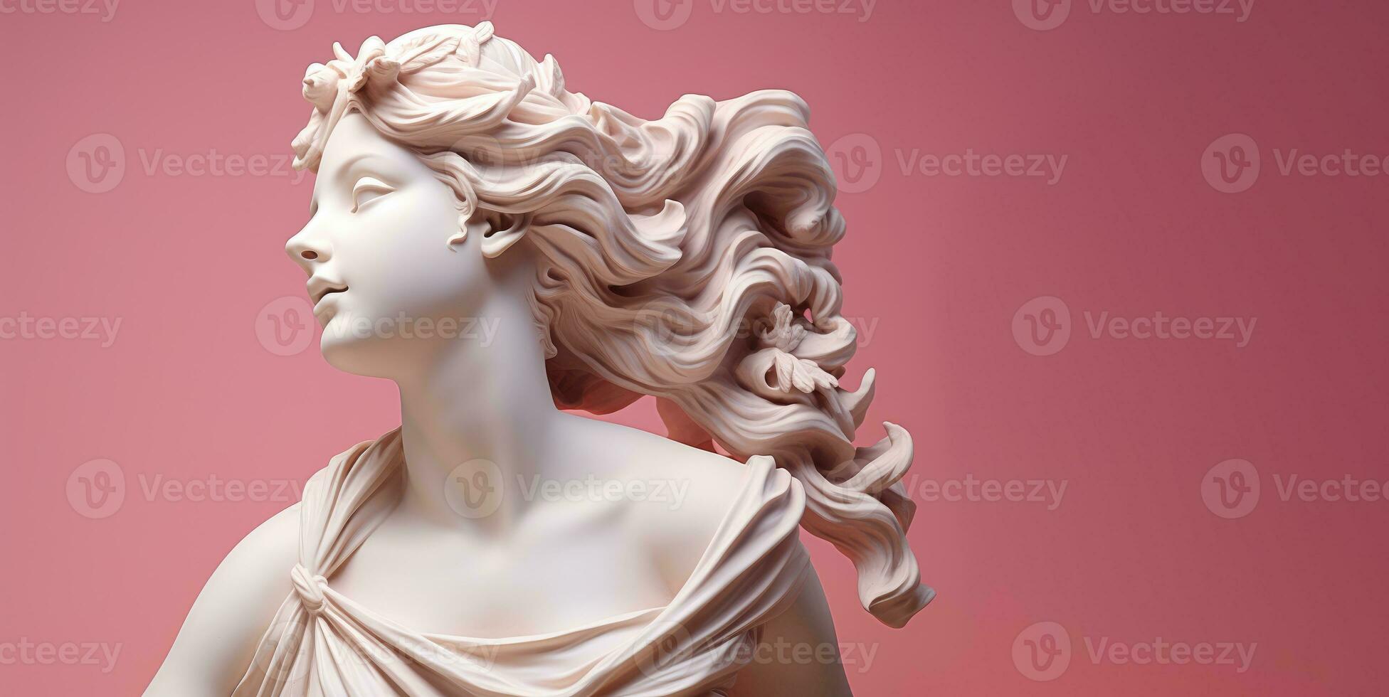 ai generato y2k greco scultura antico di donna su rosa pastello sfondo con copia spazio. femmina dea antico bellissimo con vicino occhi. statua nel profilo. minimalista moderno di moda stile. foto