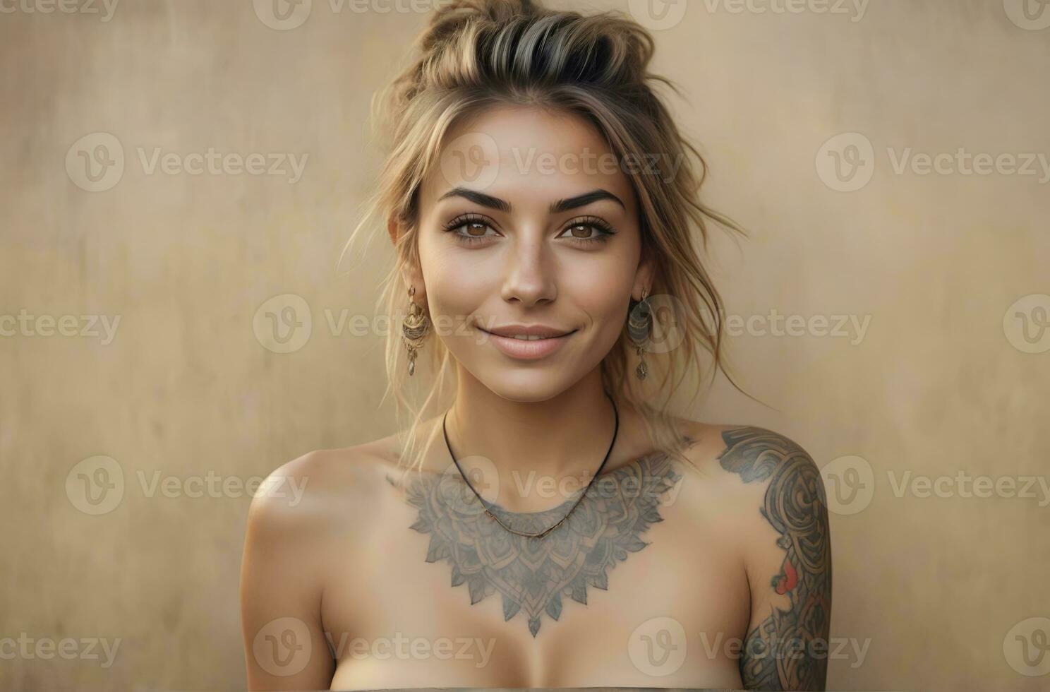 ai generato ritratto di un' donna con un' corpo pieno di artistico tatuaggi foto