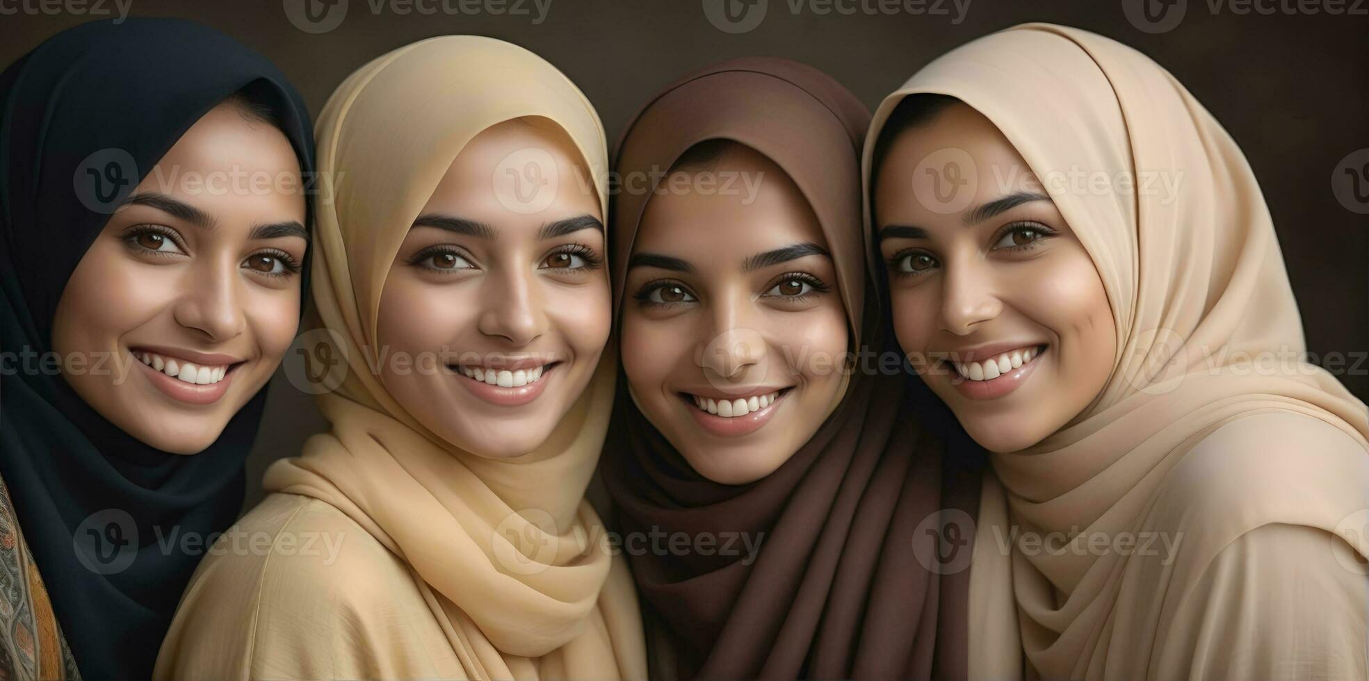 ai generato bellissimo gruppo di I musulmani donne sorridente e ridendo indossare un' hijab e decorato scialle foto