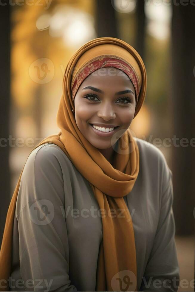 ai generato bellissimo musulmano donna sorridente e ridendo indossare un' hijab e decorato scialle foto