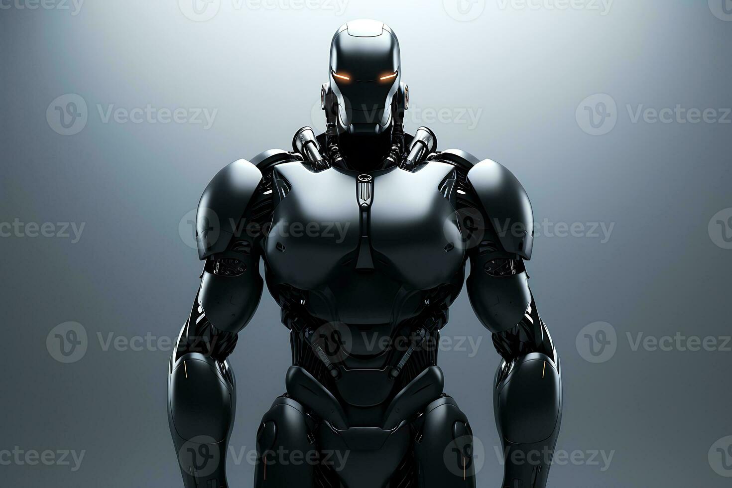 ai generato umanoide robot con un' nero metallo corpo su un' grigio sfondo. foto