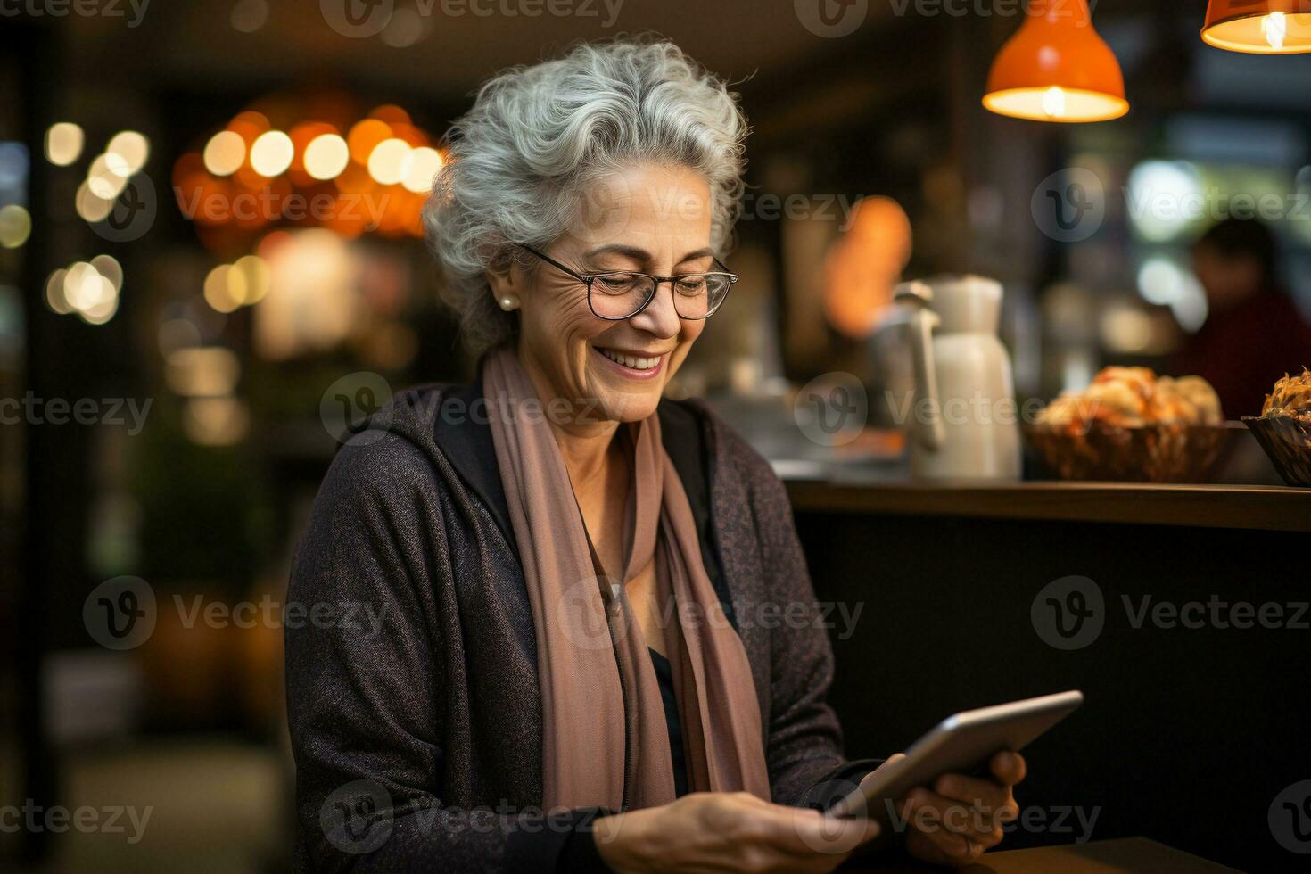 ai generato comunicazione e persone concetto anziano donna con smartphone a casa. generativo ai. foto