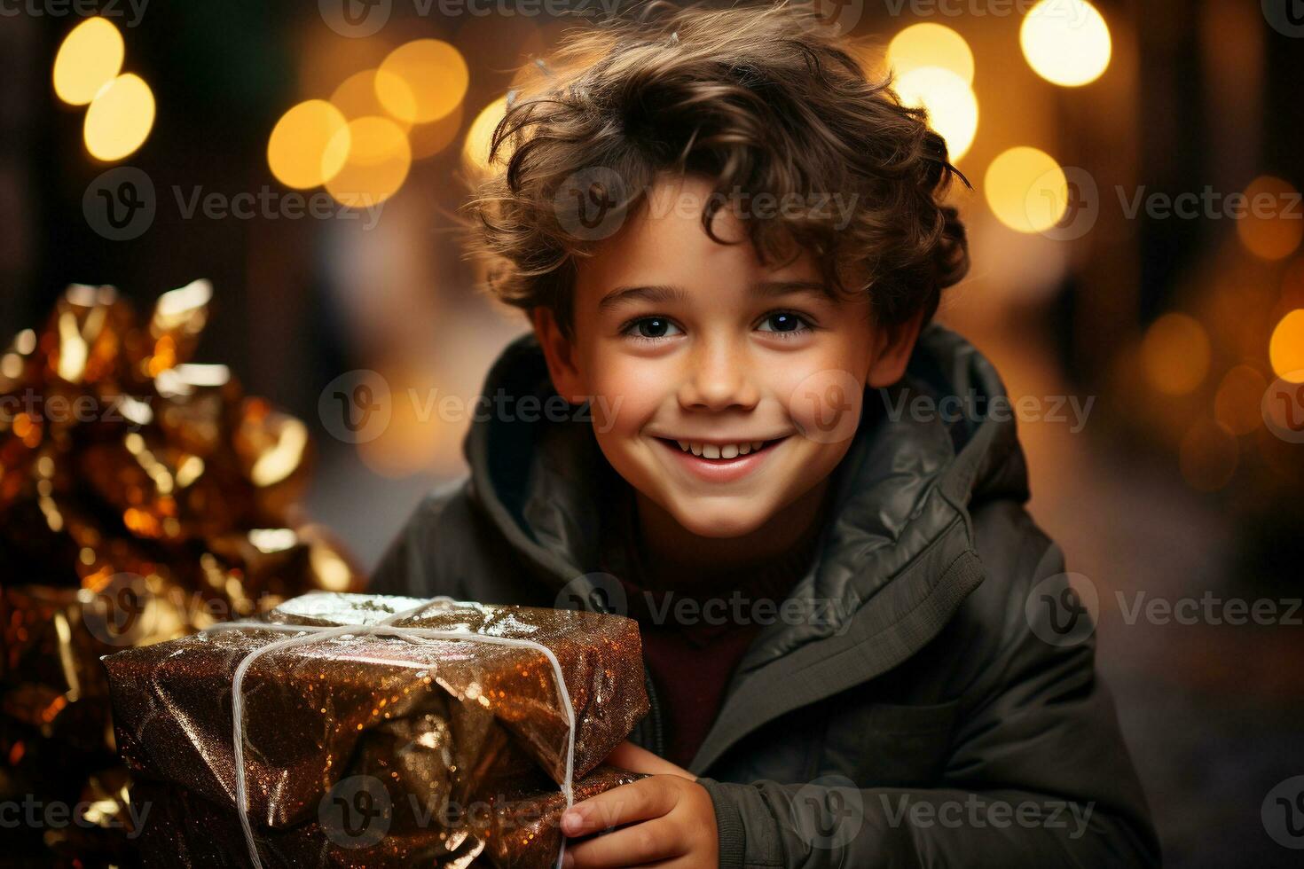 ai generato contento ragazzo riceve un' Natale regalo. generativo ai. foto