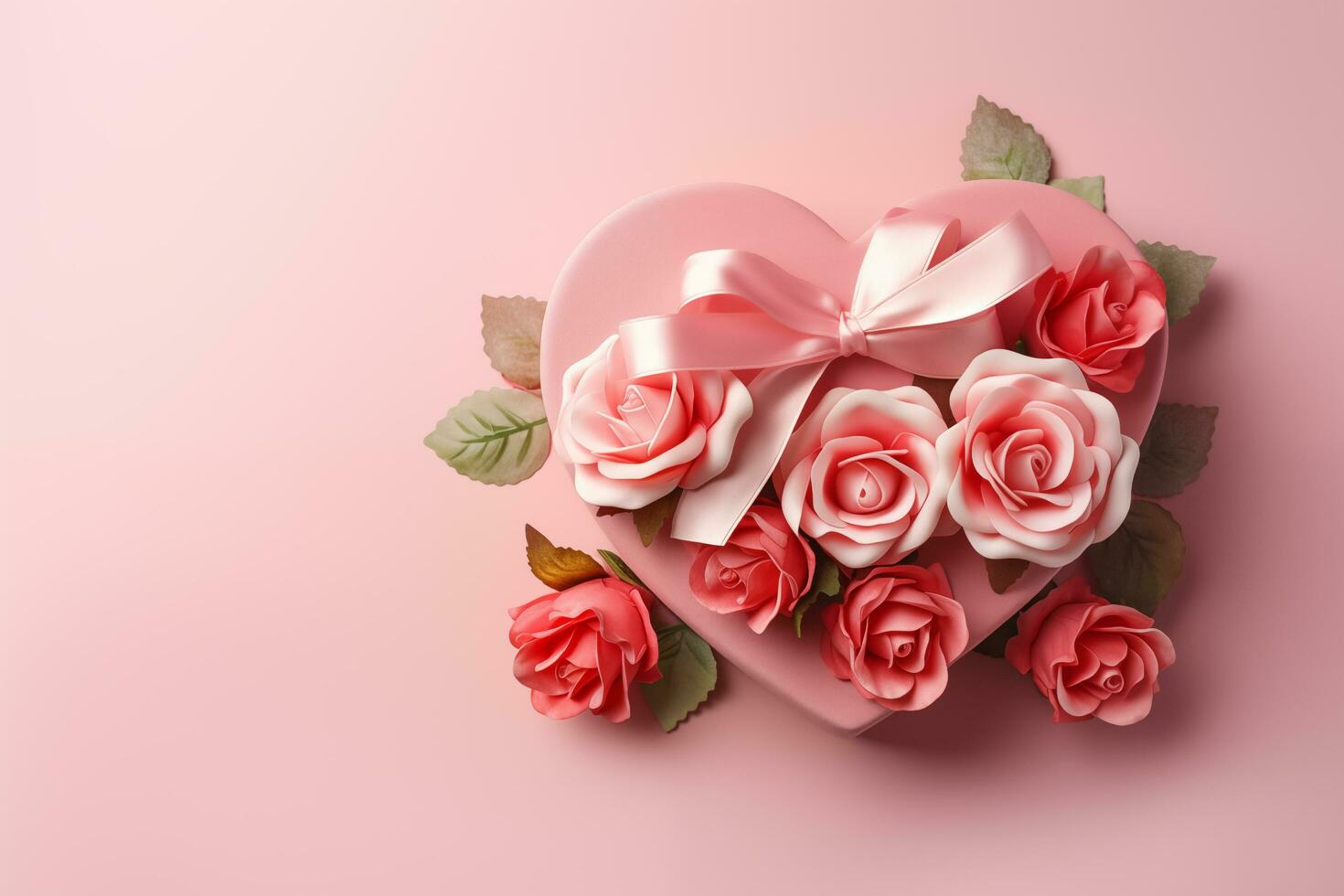 ai generato rosa cuore decorato con Rose e rosa nastri. foto