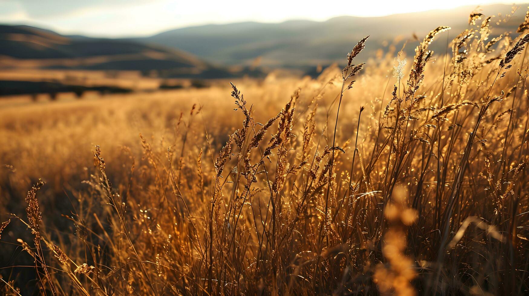 ai generato caldo d'oro luce del sole bagnarsi tranquillo, calmo campagna colline foto