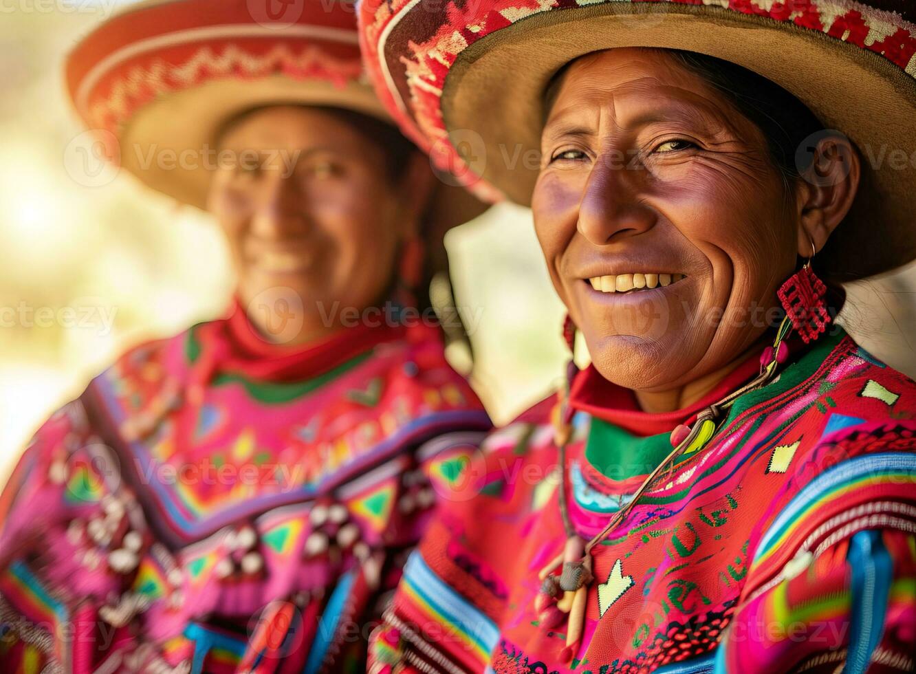 ai generato sorridente nativo indigeno persone di Perù vestito nel colorato nativo Abiti foto