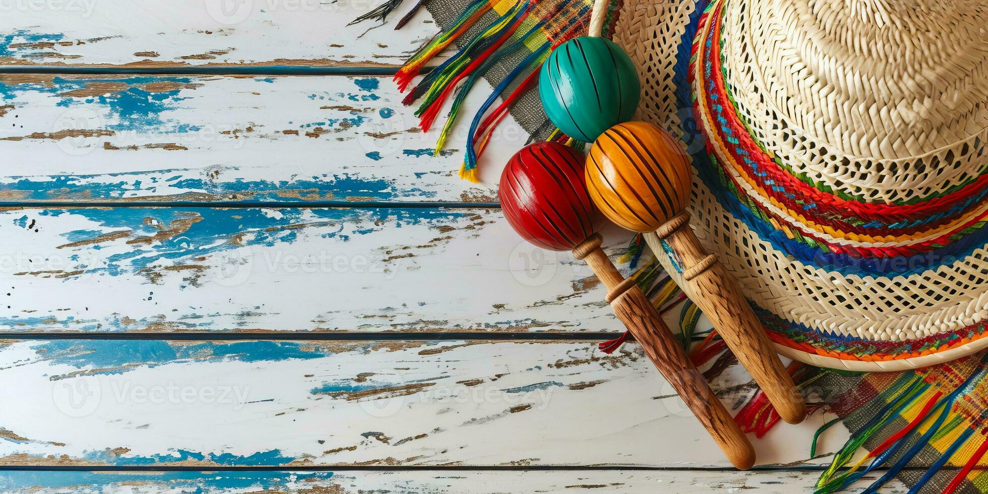 ai generato Messico festivo di legno sfondo con sombrero, serape e maracas nel piatto posare Visualizza foto