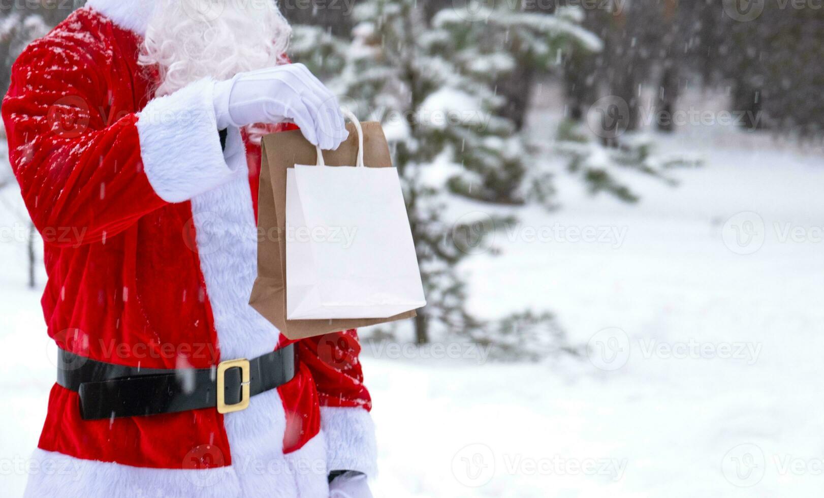 Santa Claus all'aperto nel inverno e neve passaggio nel mano eco carta borse con mestiere regalo, cibo consegna. acquisti, confezione raccolta differenziata, fatto a mano, consegna per Natale e nuovo anno foto