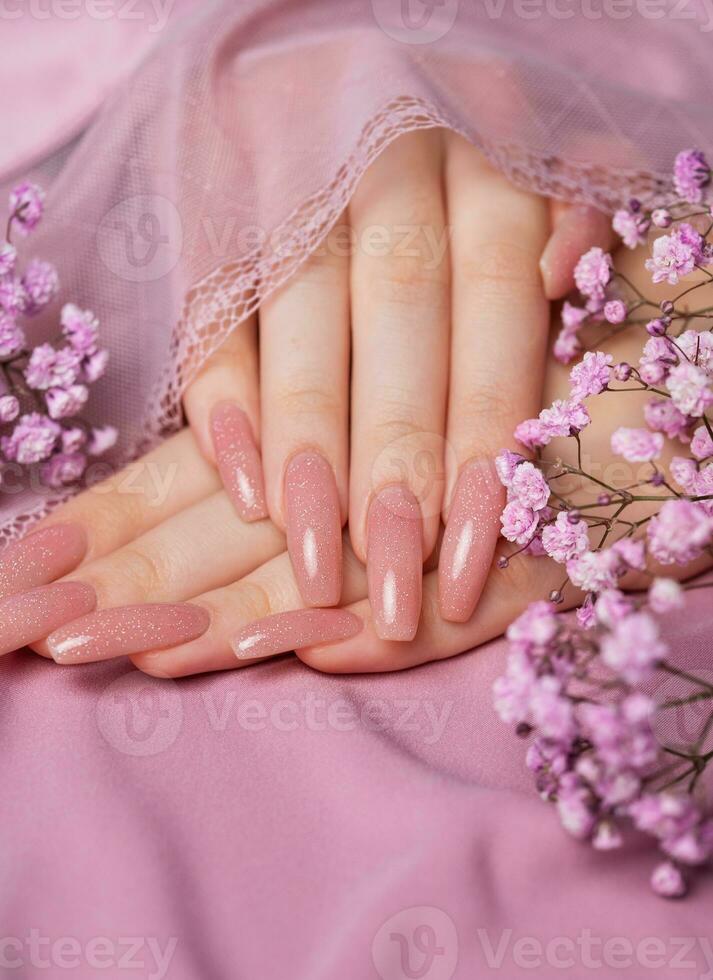 femmina mani con rosa chiodo design hold gypsophila fiori. foto