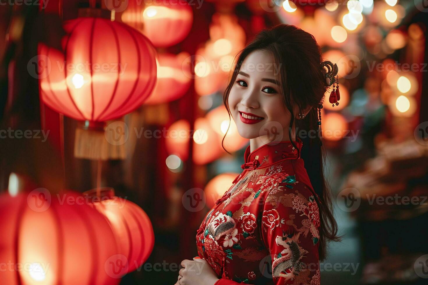 ai generato Immagine di un' giovane asiatico donna indossare un' rosso vestito a il Cinese nuovo anno Festival foto
