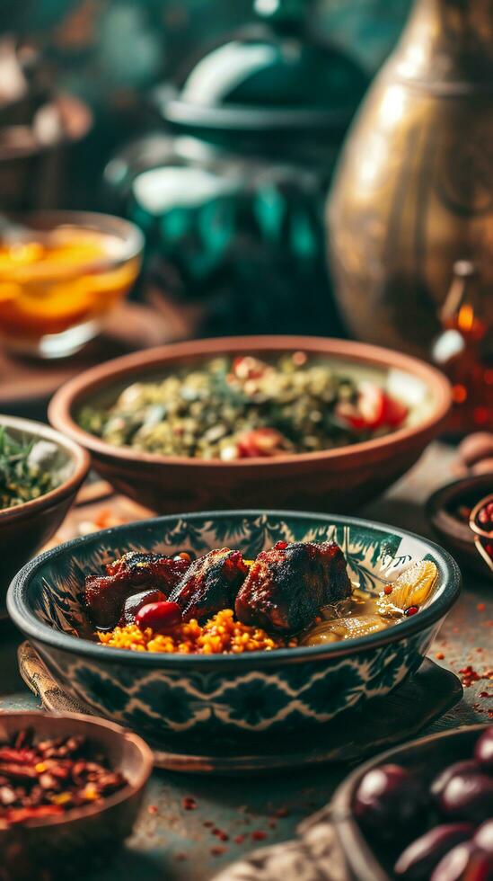 ai generato grigliato kebab al di sopra di d'oro couscous con fresco prezzemolo foto