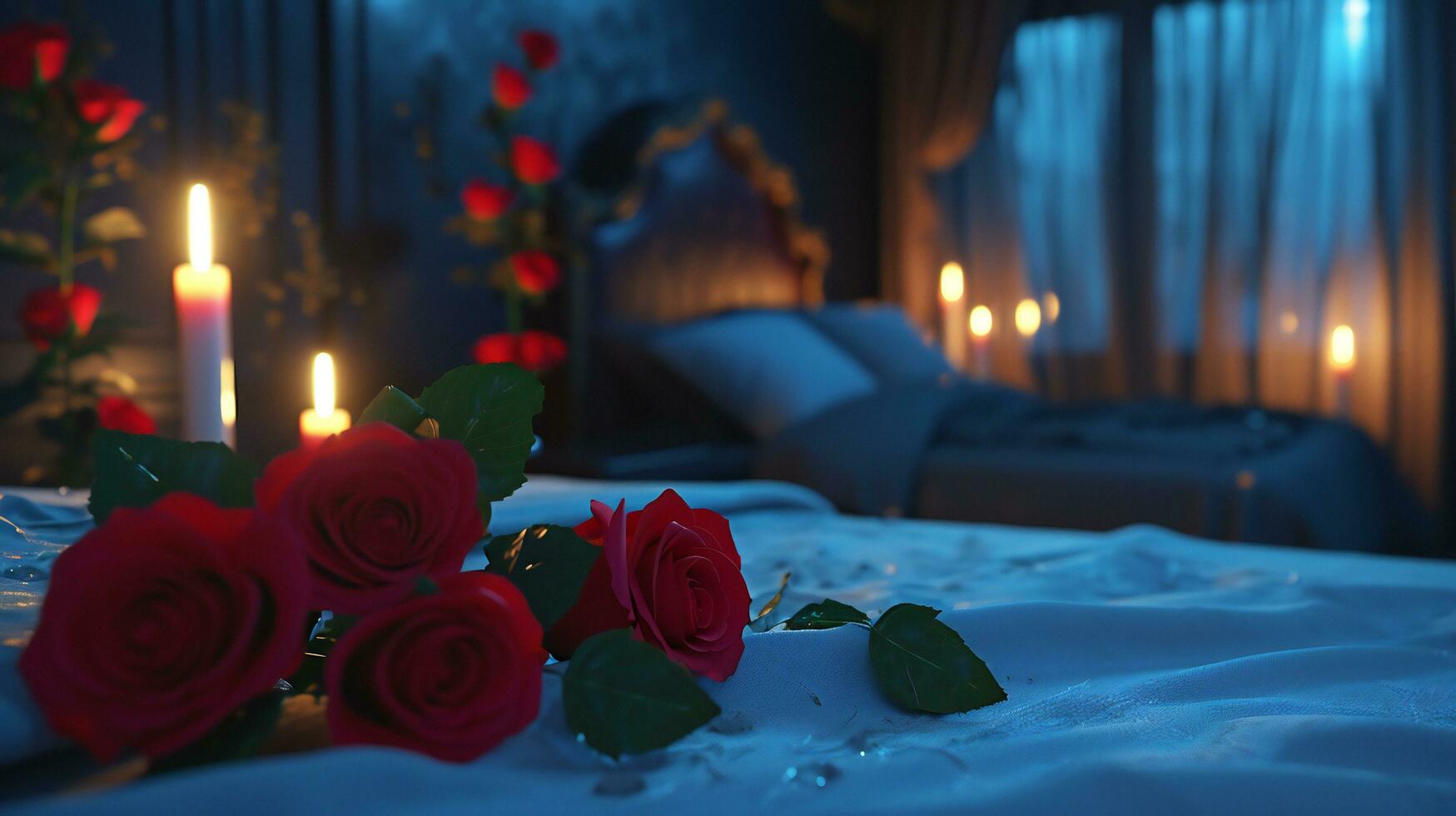 ai generato intimo a lume di candela Camera da letto con rosso Rose ambiance foto