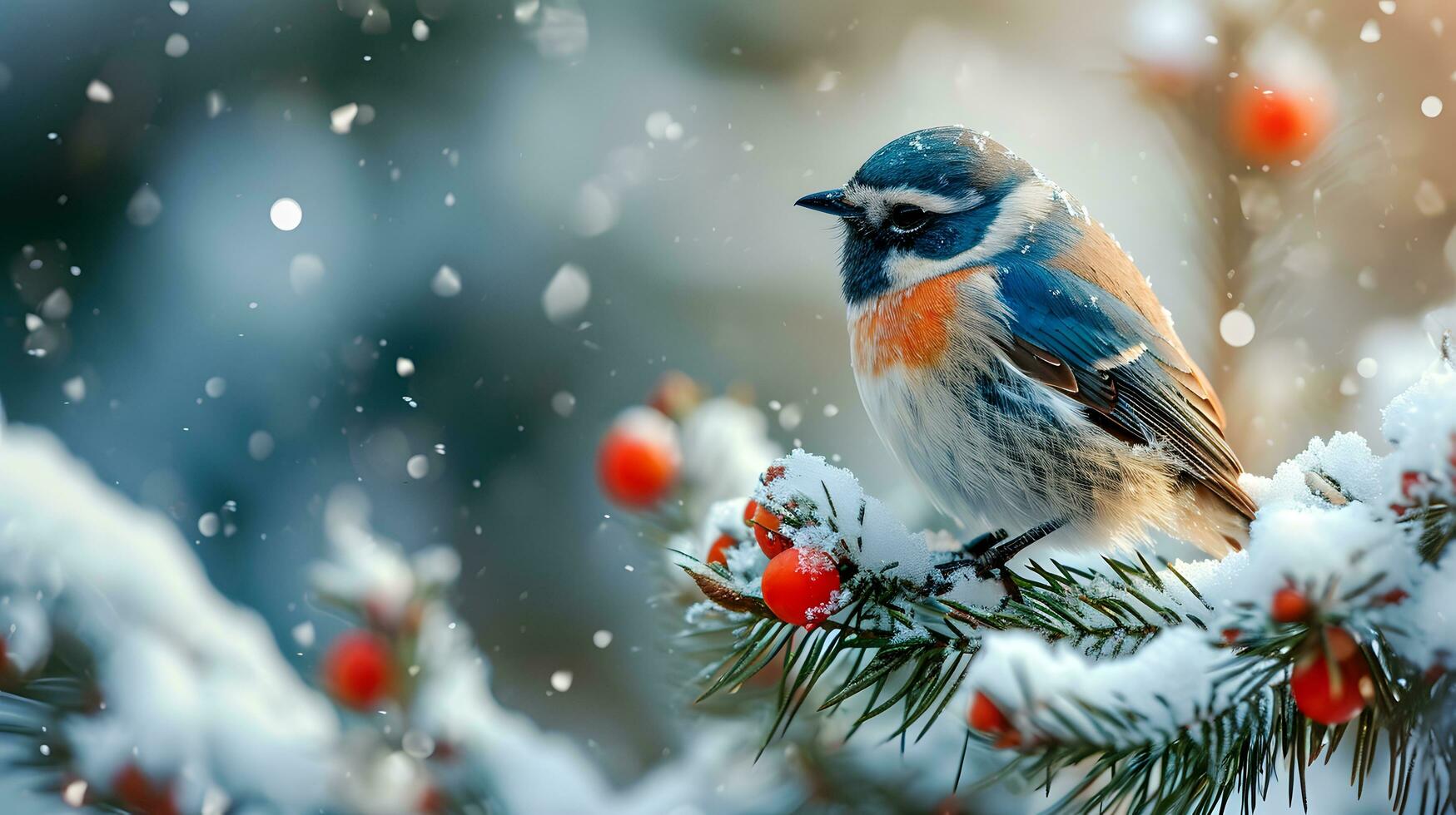 ai generato vivace uccello arroccato su nevoso inverno frutti di bosco foto