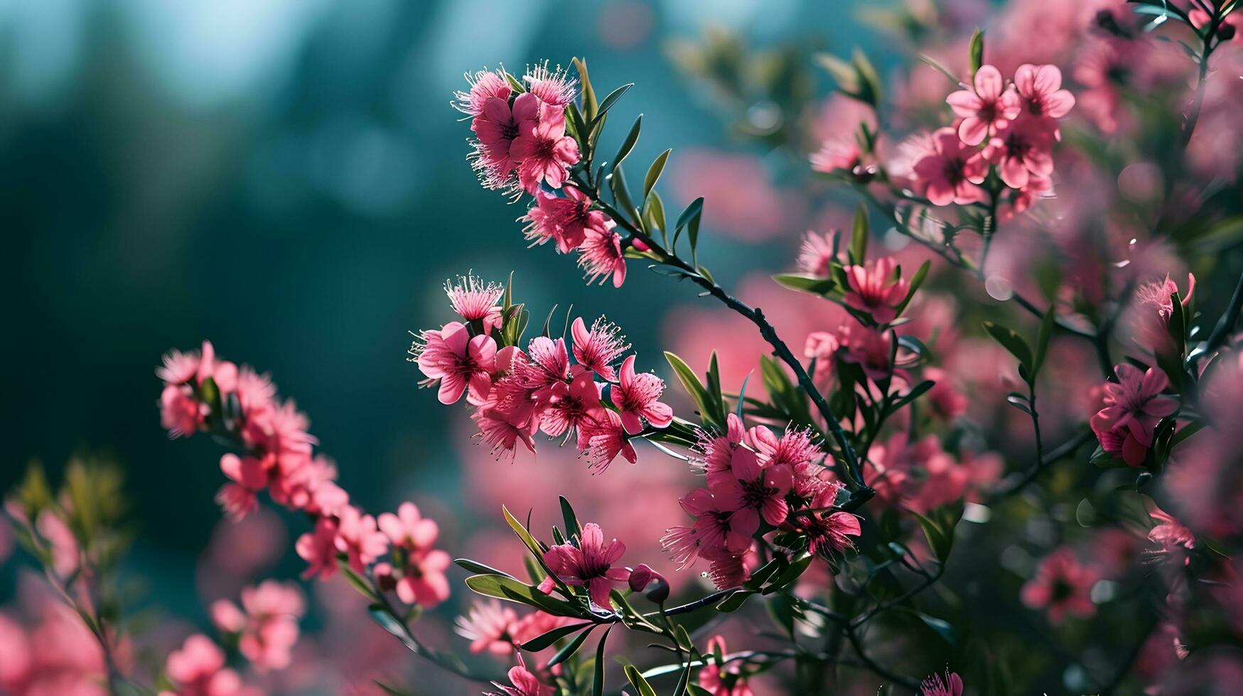 ai generato primavera splendore con rosa fiori in fiamme foto