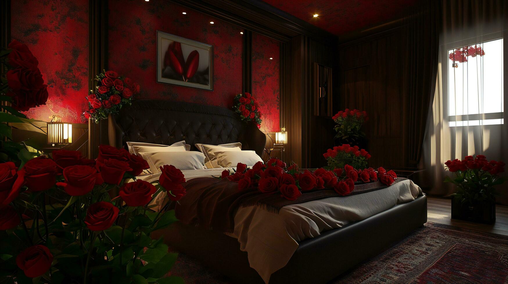 ai generato accogliente Camera da letto fascino con caldo rosso floreale Accenti foto
