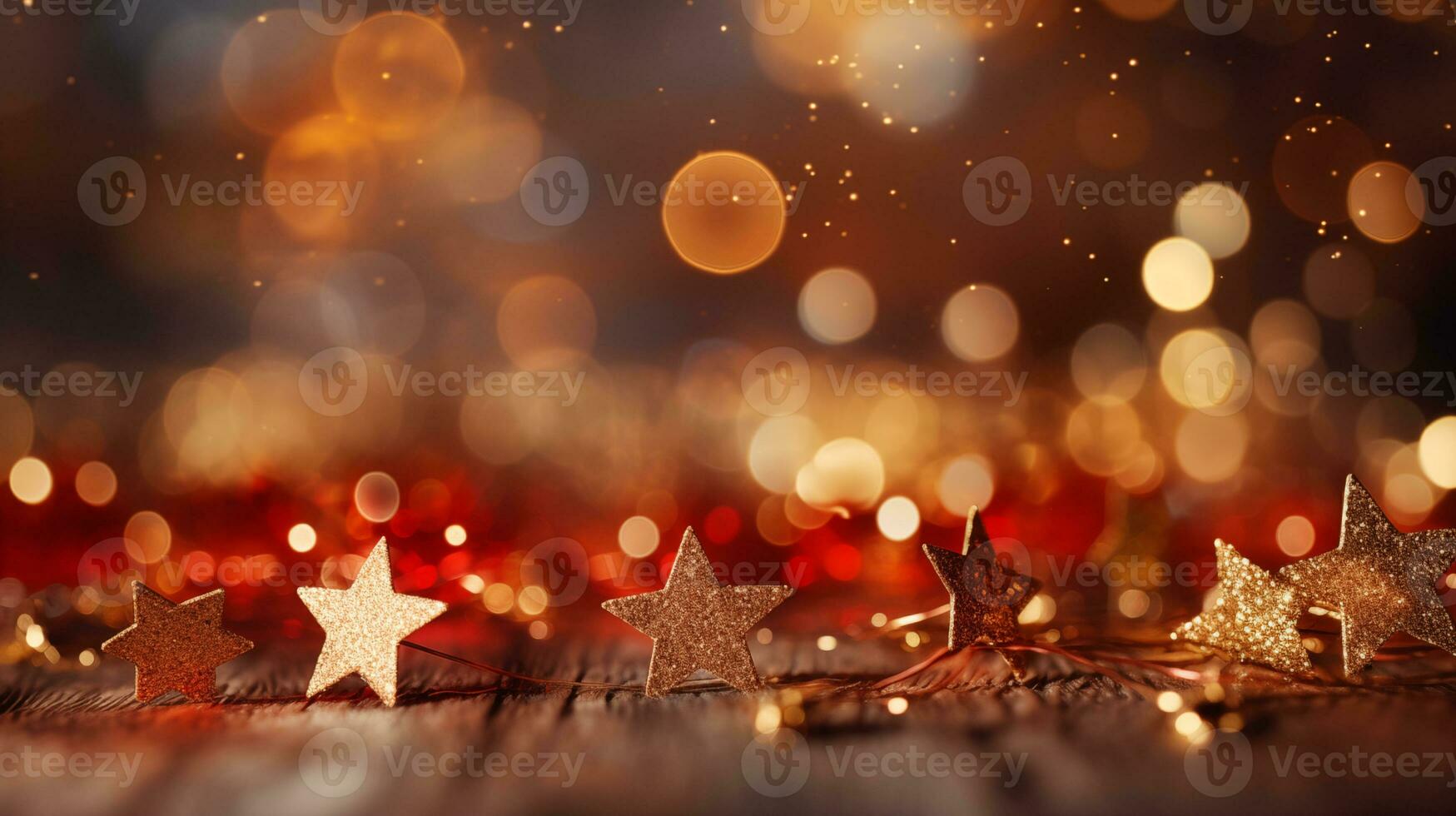 ai generato festivo rosso bokeh sfondo con luccicante luci d'oro stelle, Perfetto per Natale e nuovo anni vigilia partiti. concetto di un' abbagliante vacanza stagione. foto