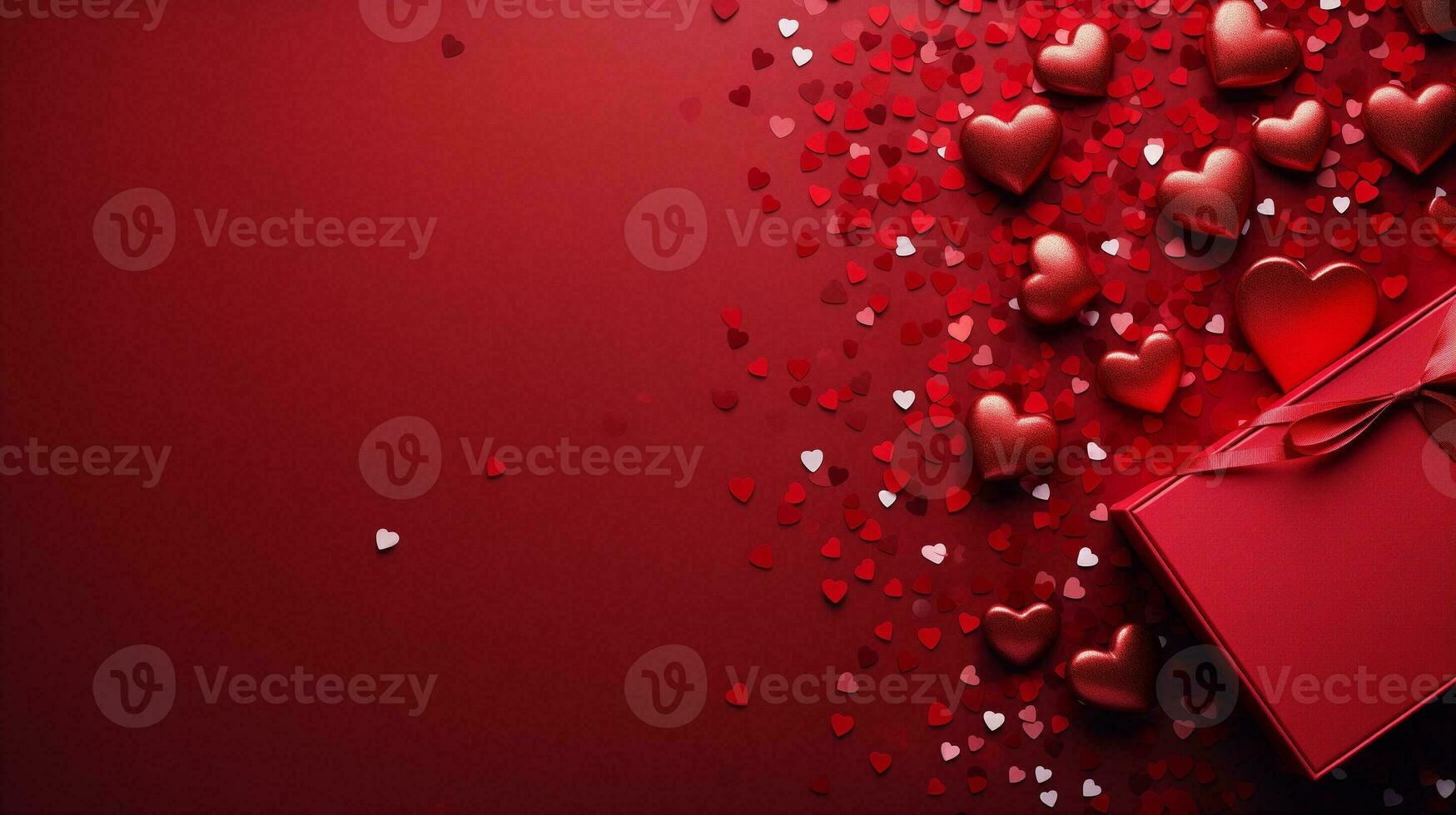 ai generato San Valentino giorno rosso cuori e regalo scatole, bandiera con copyspace, amore sfondo concetto, vuoto spazio, piatto posare con spazio per testo foto