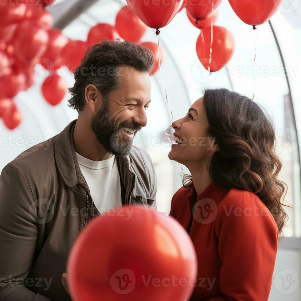 ai generato bellissimo maturo coppia con rosso palloncini. coppia celebrare san valentino giorno circondato di rosso palloncini. romantico celebrazione per San Valentino giorno foto