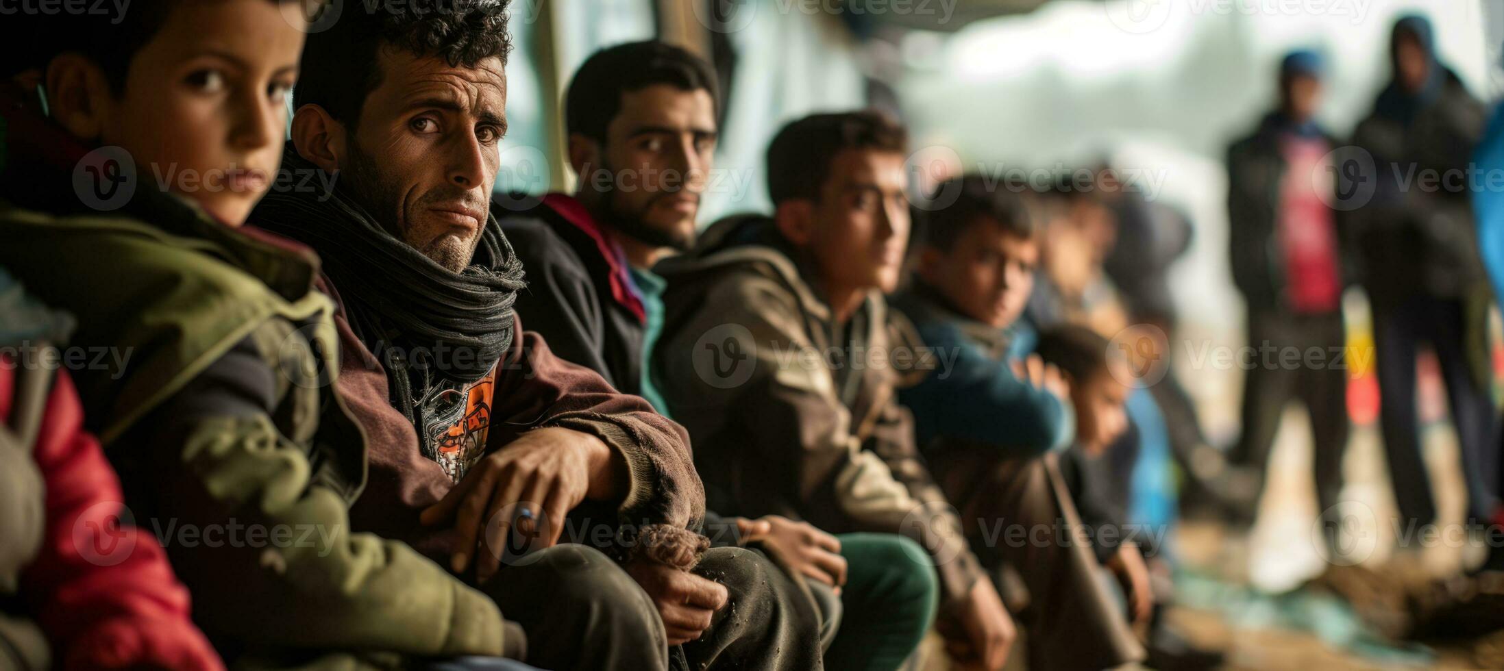ai generato rifugiati In cerca di asilo e protezione vivente nel profugo campo nel difficile condizioni foto