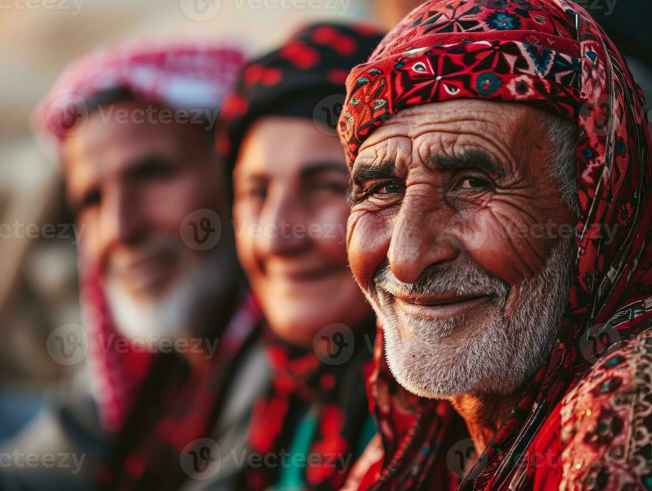 ai generato sorridente nativo indigeno persone di Palestina vestito nel colorato kefiah foto