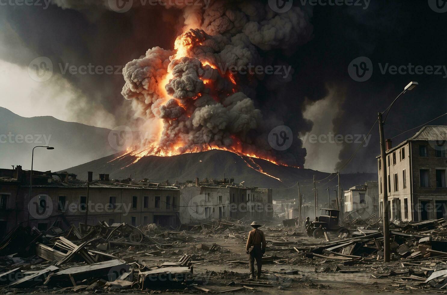ai generato distruzione durante il guerra conflitto nel il città con eruzioni nel il sfondo foto