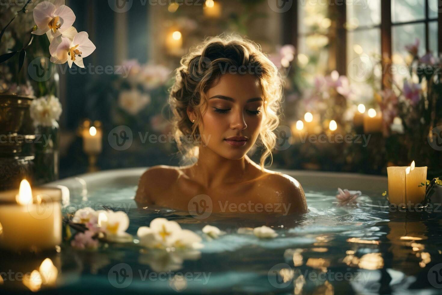 ai generato bellissimo donna assunzione aroma bagno con candele nel un' lussuoso di lusso benessere terme foto