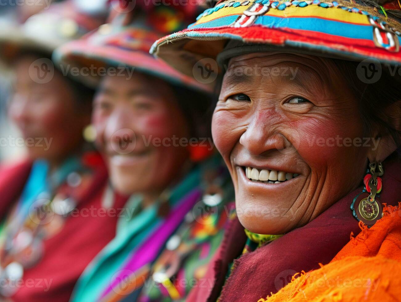 ai generato sorridente nativo indigeno persone di Tibet vestito nel colorato nativo Abiti foto