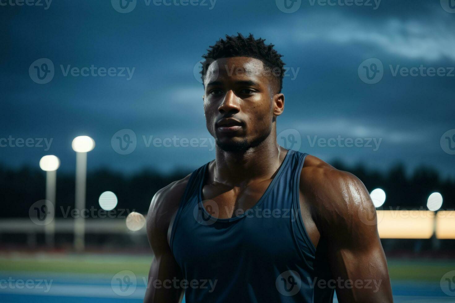 ai generato un' potente nero atleta su il in esecuzione gara traccia, in mostra forza, velocità e fitness foto