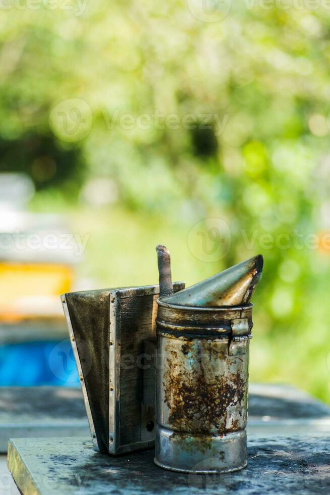 vecchio metallo mortaio e pestello su tavolo nel giardino, azione foto