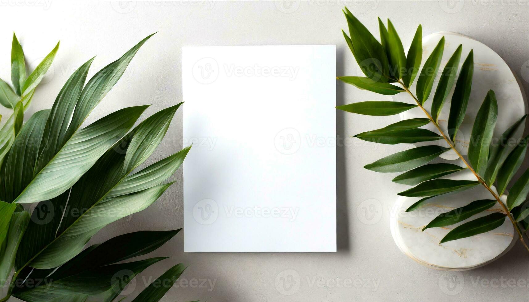 ai generato bianca carta con verde le foglie su un' bianca sfondo foto