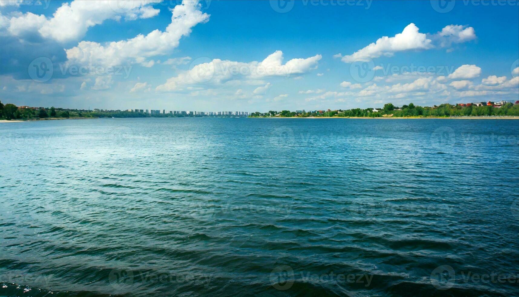 ai generato un' lago con acqua e nuvole nel il sfondo foto