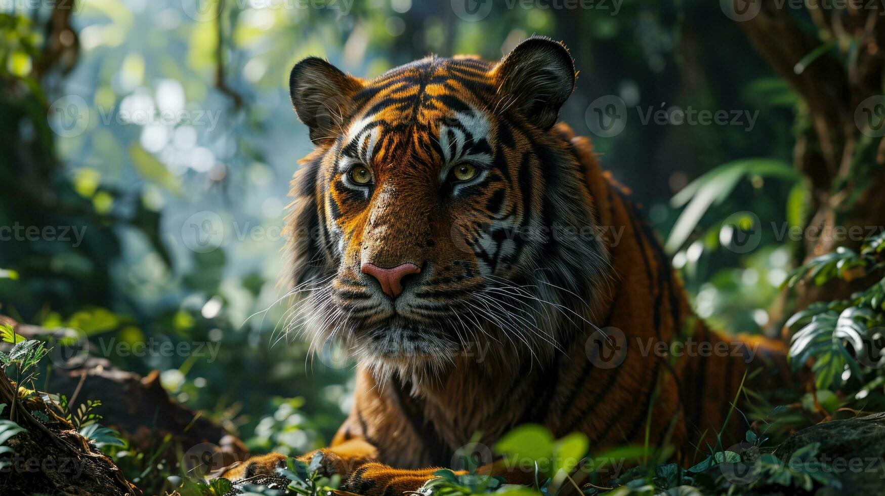 ai generato maestoso tigre fissando intensamente nel lussureggiante foresta ambiente. foto