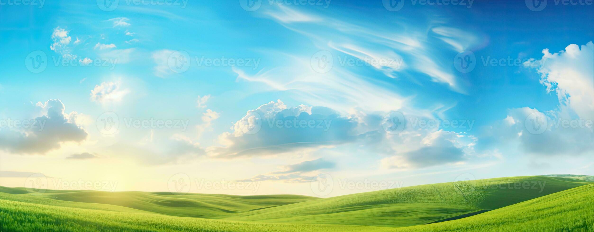 ai generato lussureggiante verde colline sotto blu cielo con sereno nuvole foto