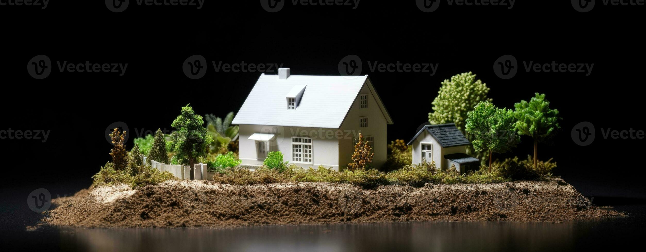 ai generato miniatura modello casa con dettagliato paesaggio su isolato complotto. foto