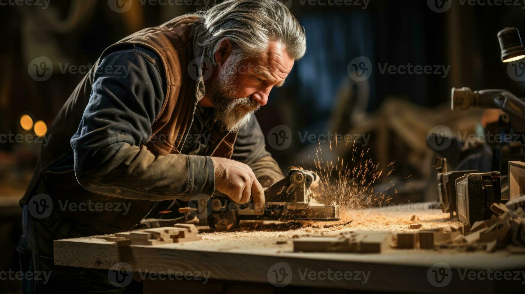 ai generato qualificato falegname Lavorando con aereo su di legno pezzo foto