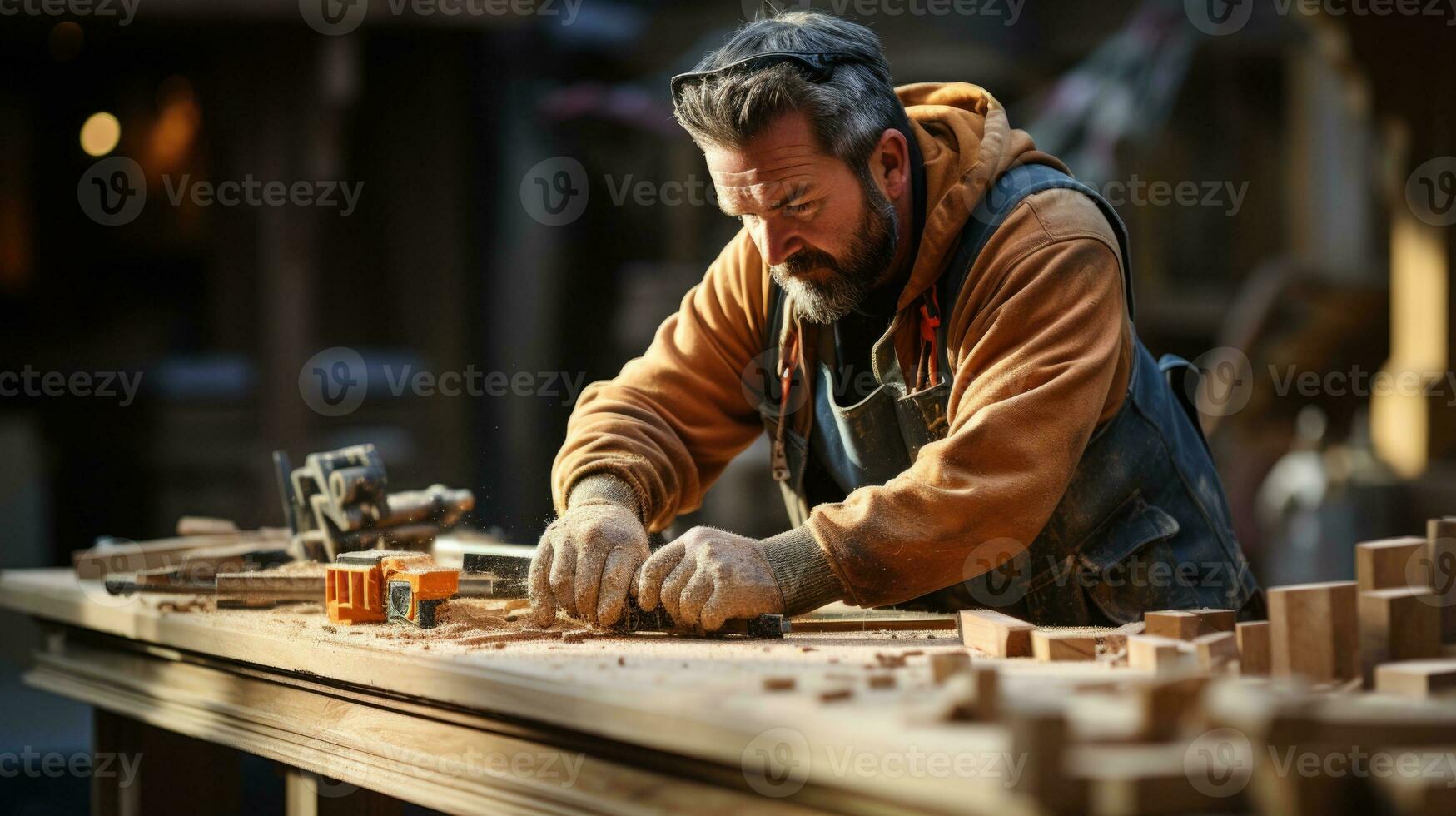 ai generato qualificato falegname Lavorando con aereo su di legno pezzo foto