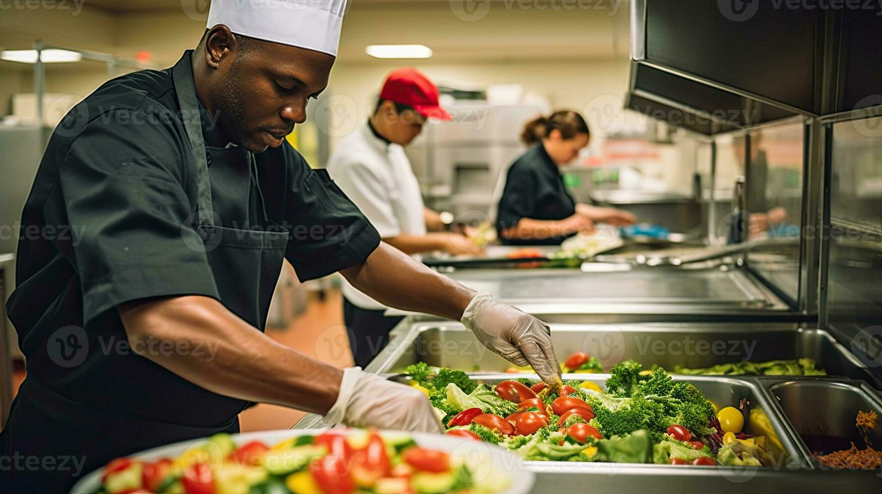 ai generato cucina lavoratore preparazione fresco verdure per pasto servizio foto