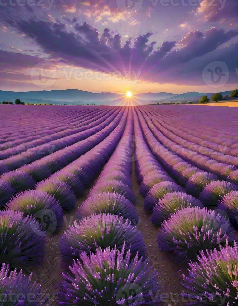 ai generato d'oro tramonto al di sopra di viola lavanda campo foto