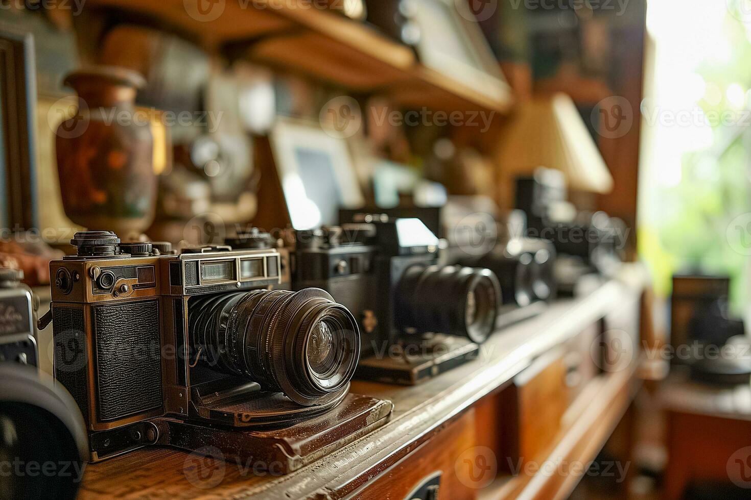 ai generato Vintage ▾ telecamera collezione su di legno mensola foto