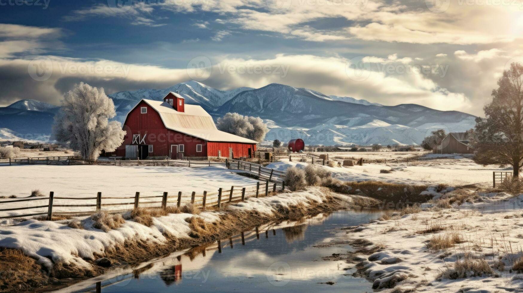 ai generato scena di campagna coperto con neve foto