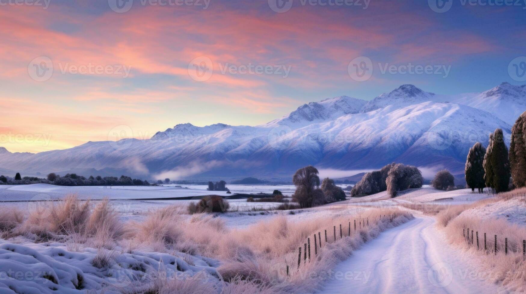 ai generato scena di campagna coperto con neve foto