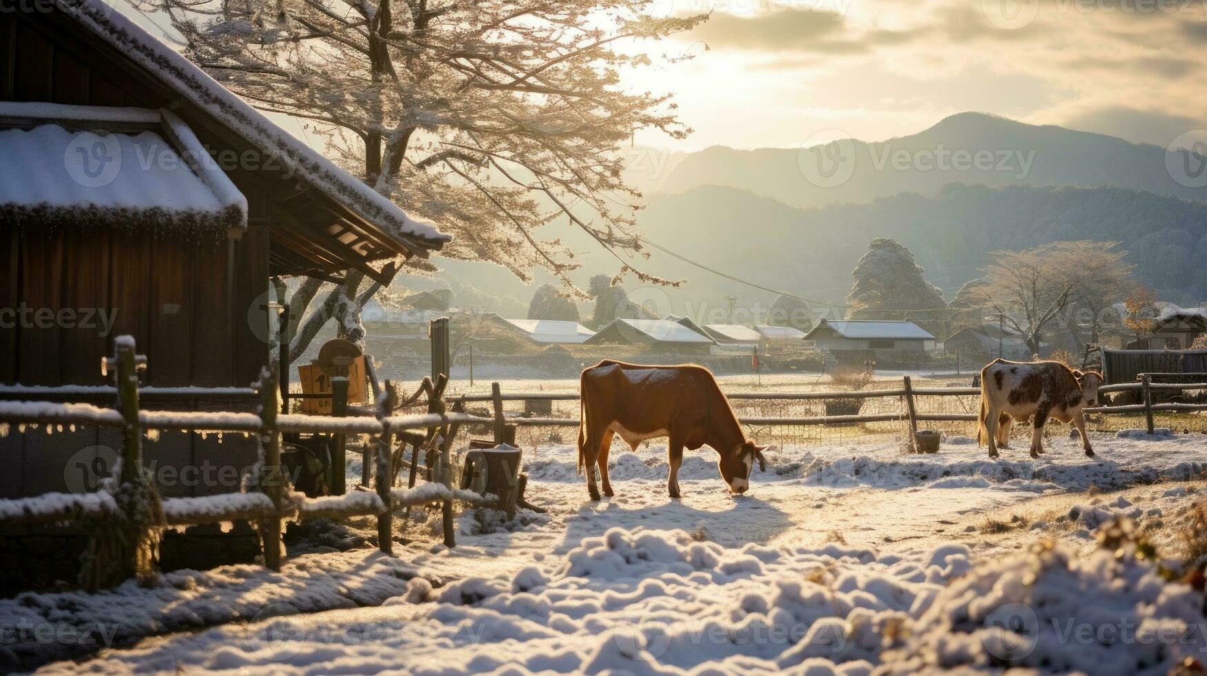 ai generato scena di campagna coperto con neve foto