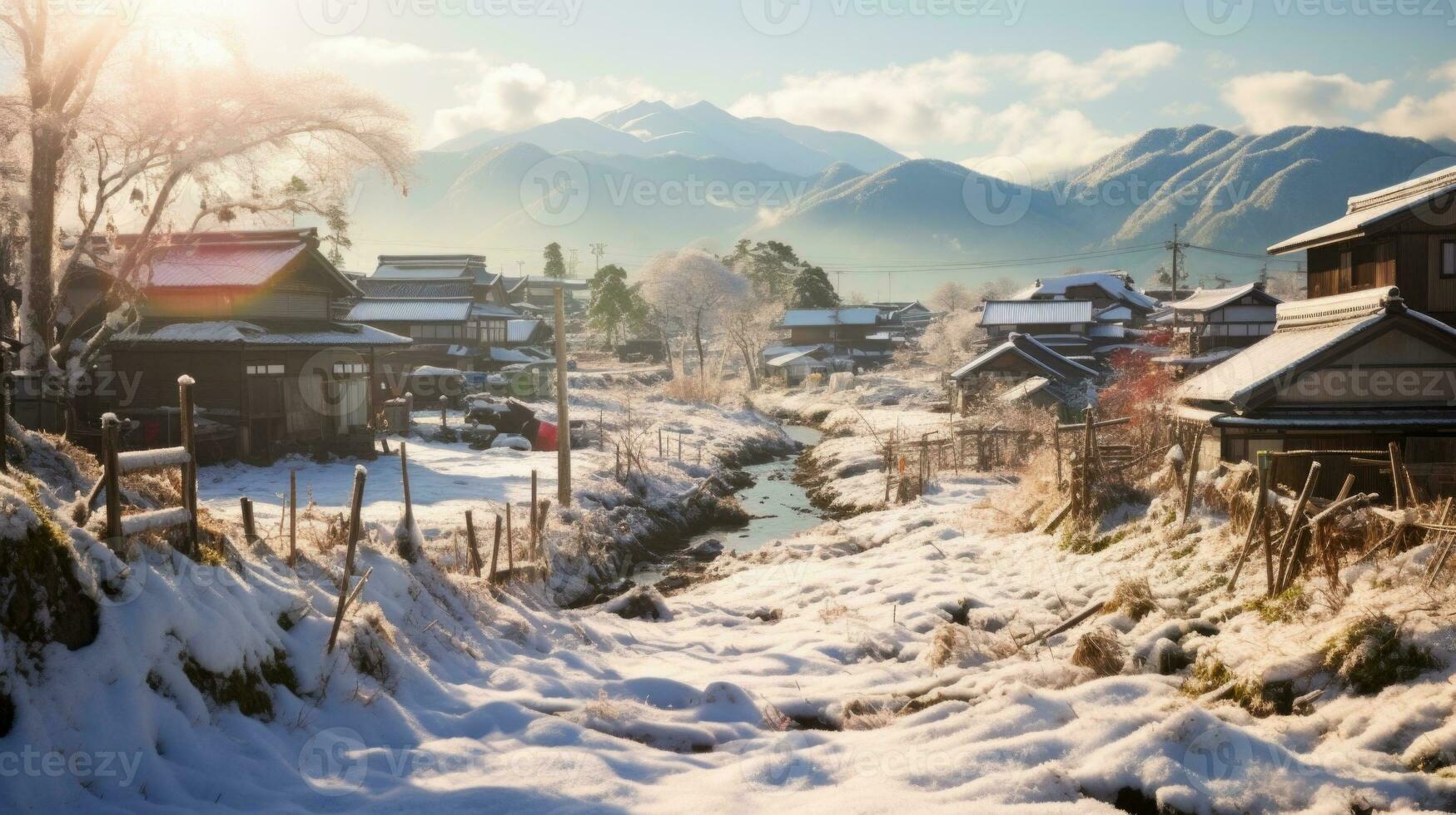 ai generato scena di campagna coperto con neve foto