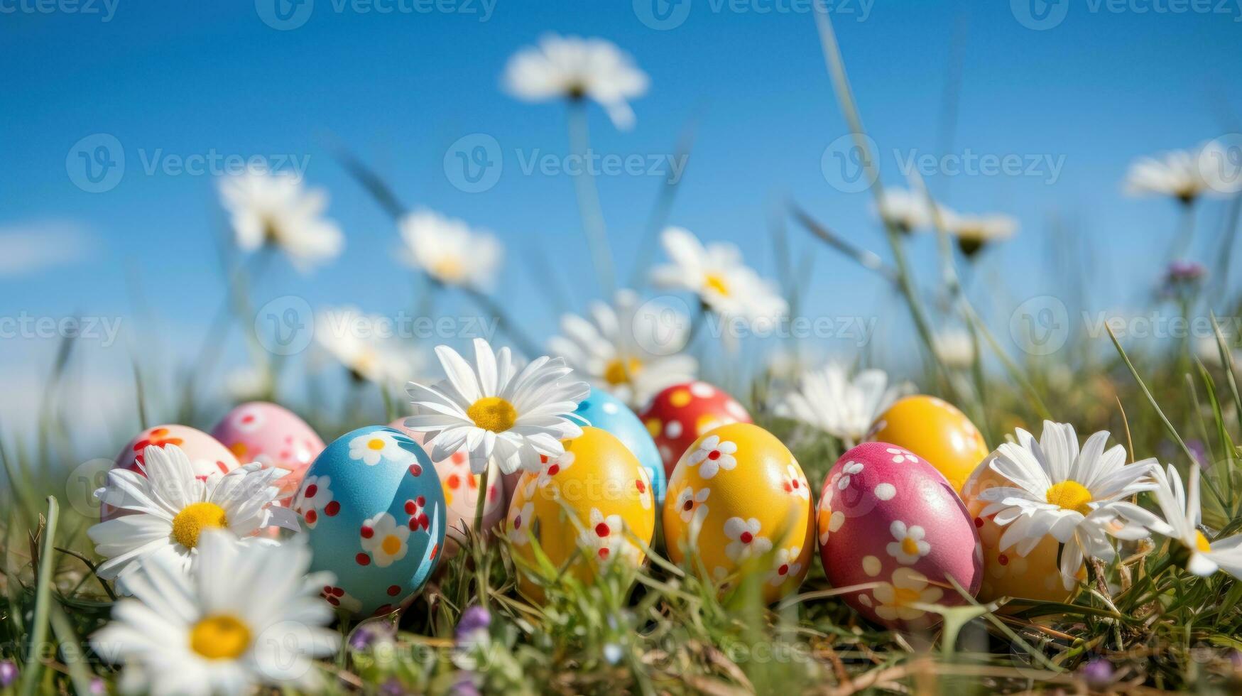 ai generato colorato Pasqua uova decorato con fiori nel il erba su blu cielo. generativo ai foto