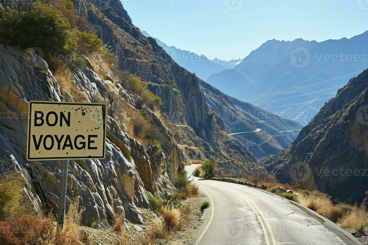 ai generato il strada è avvolgimento nel il montagne e ha bon viaggio grande segni. generativo ai foto