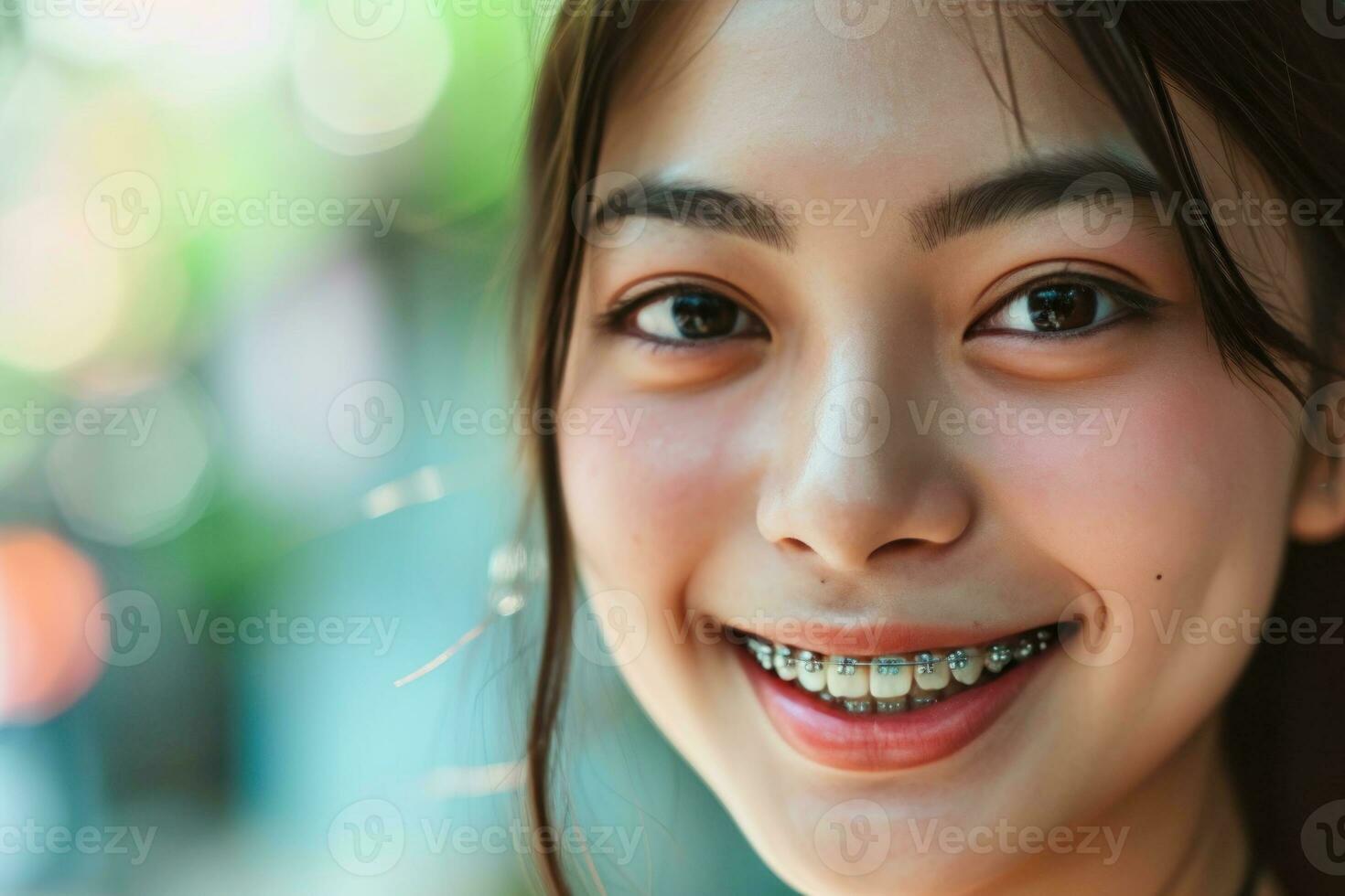 ai generato adolescente asiatico donna con bretelle sorridente bocca vicino su il concetto di moderno odontoiatria. generativo ai foto